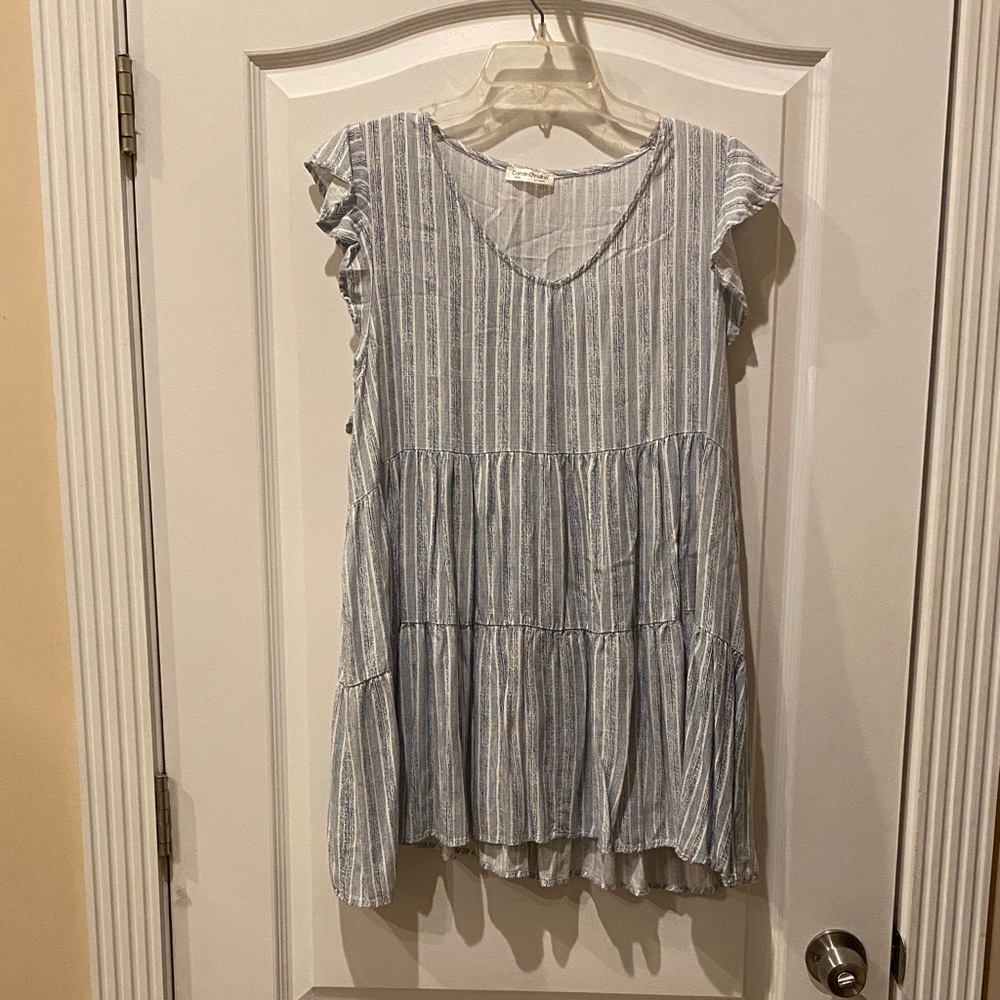 Elegant Striped Ruffle Sleeve Tunic - Light Blue